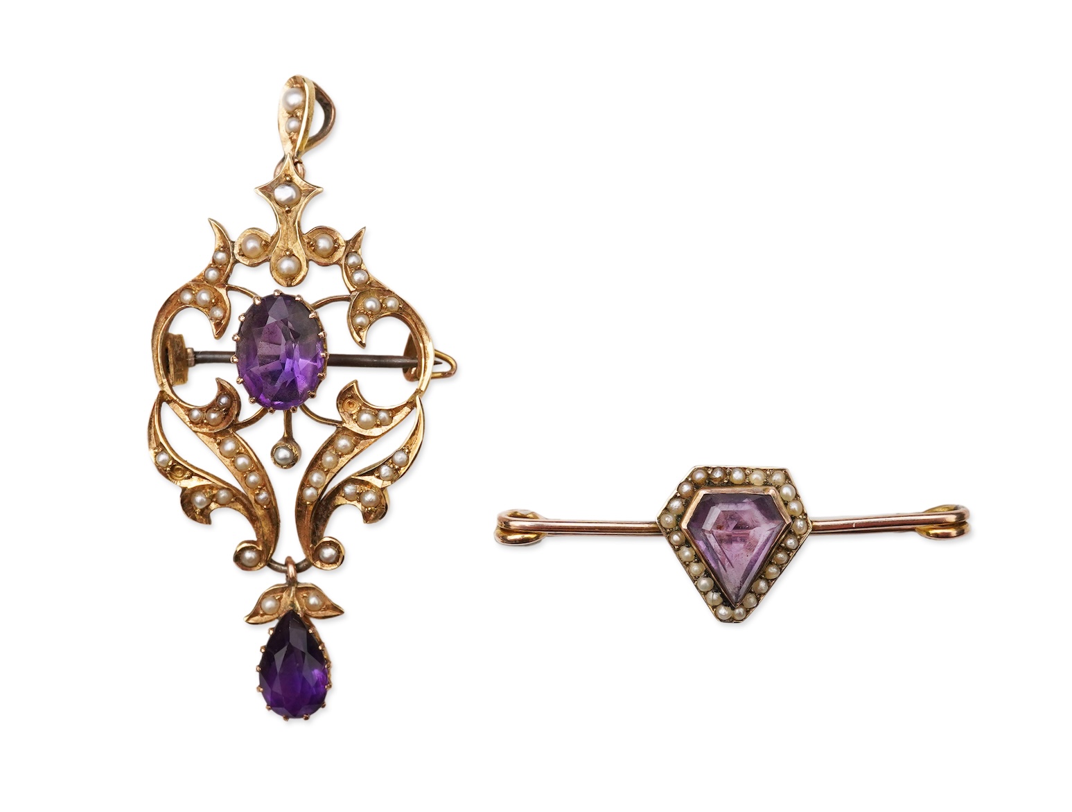 An Edwardian amethyst and seed pearl pendant and bar brooch, early 20th century
